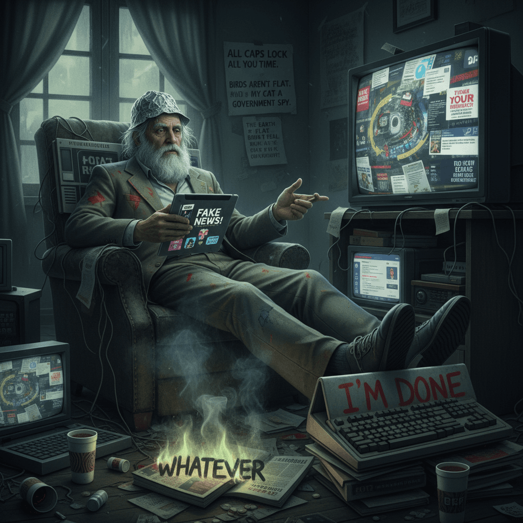 exhausted person gives up on reality, resorts to aggressive apathy