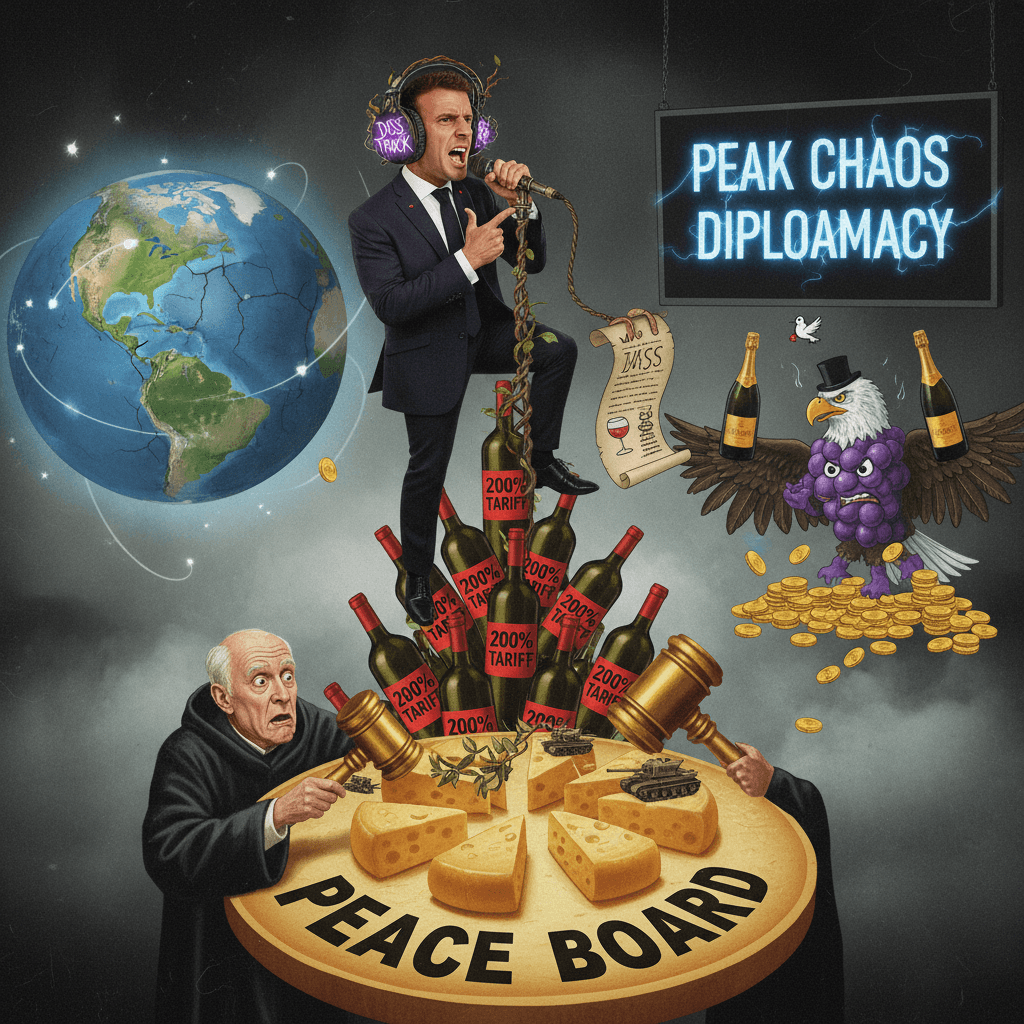 threats french wine via 200% tariff to join peace board, peak chaos diplomacy
