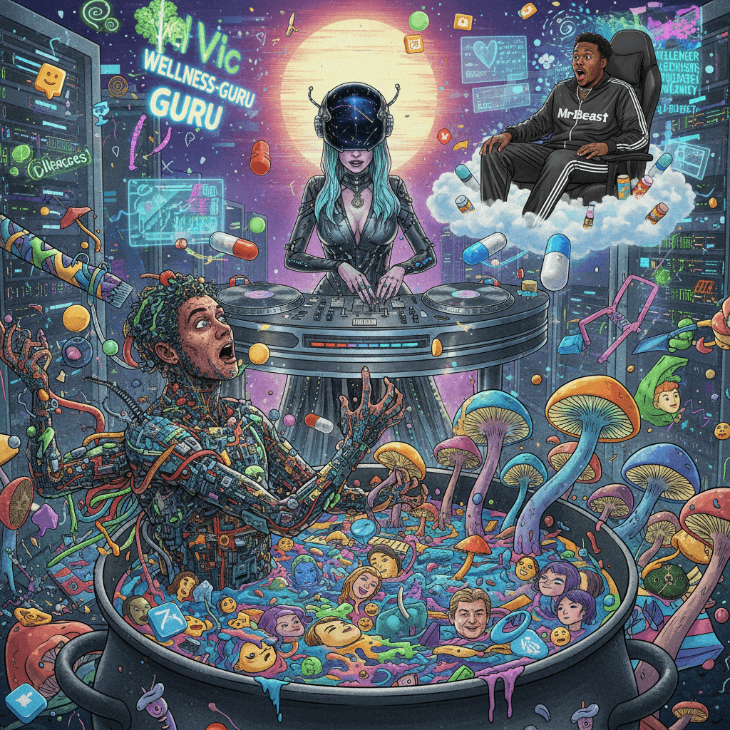 Immortality guy eats shrooms while Grimes DJs and MrBeast watches