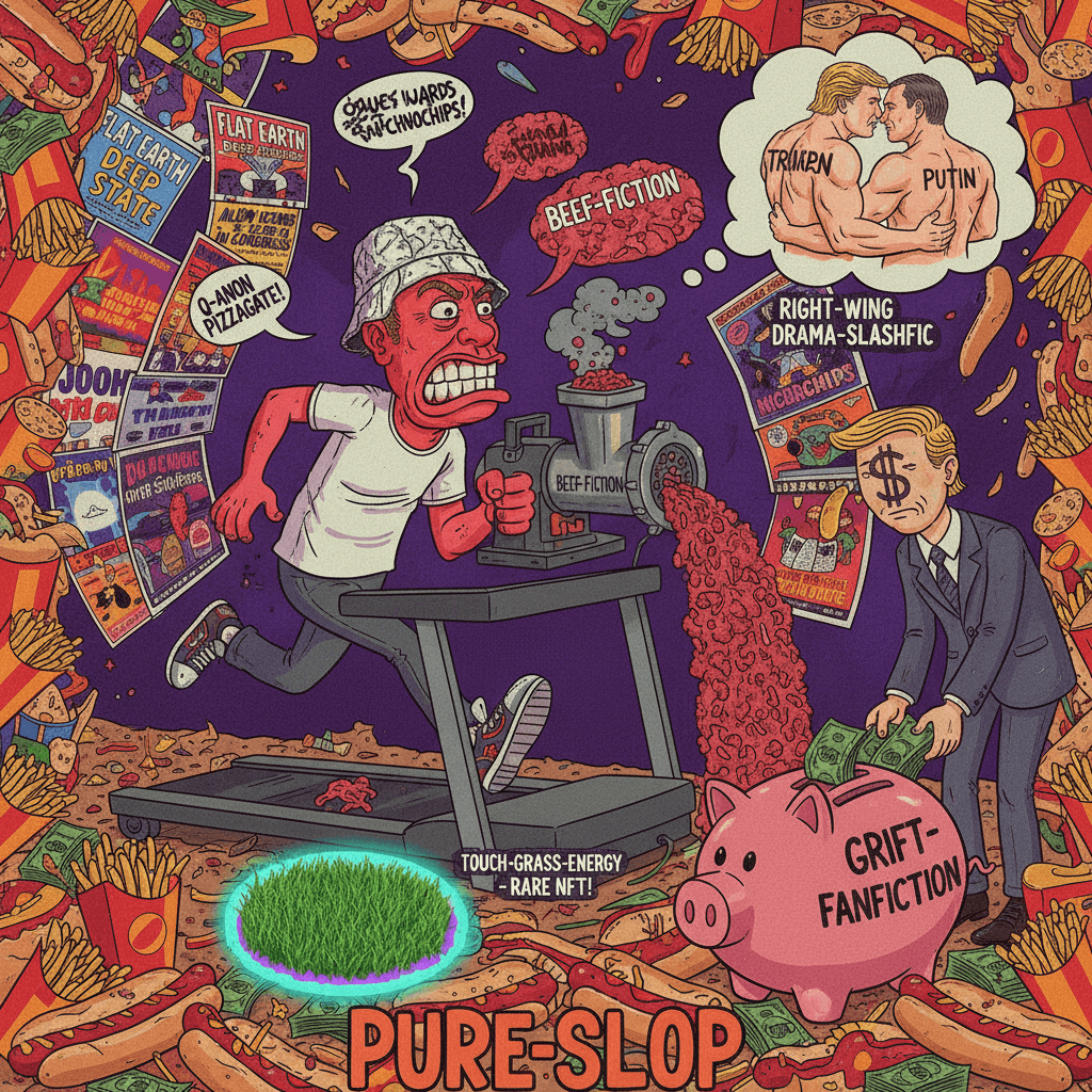 unverified allegations packed into a single deranged sentence, pure slop