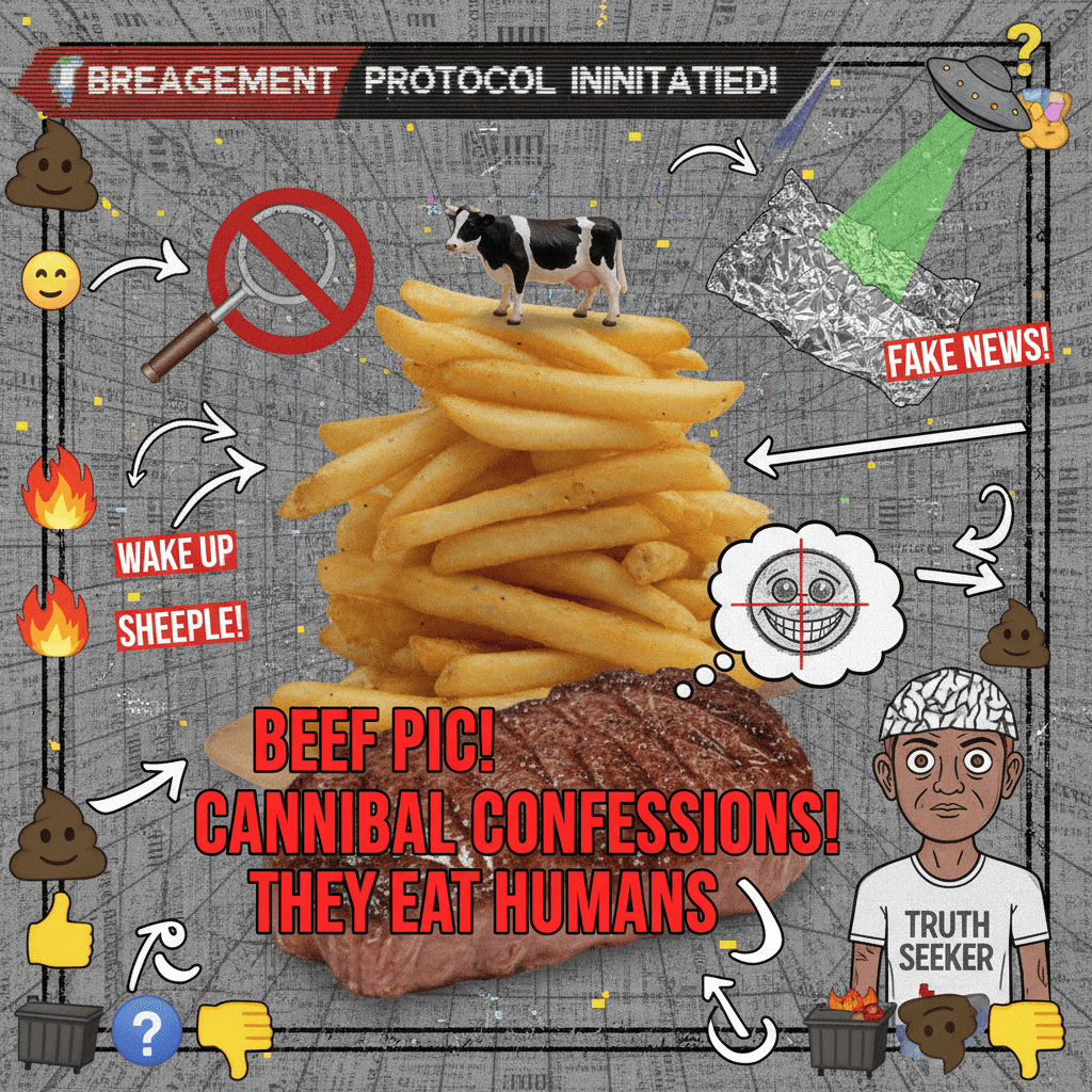 Peak slop: fabricate cannibal accusations with a beef pic for engagement