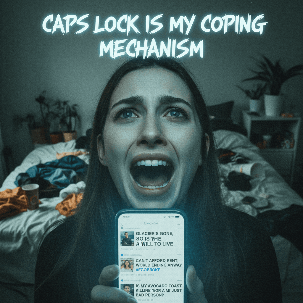 climate guilt meets existential dread in caps lock
