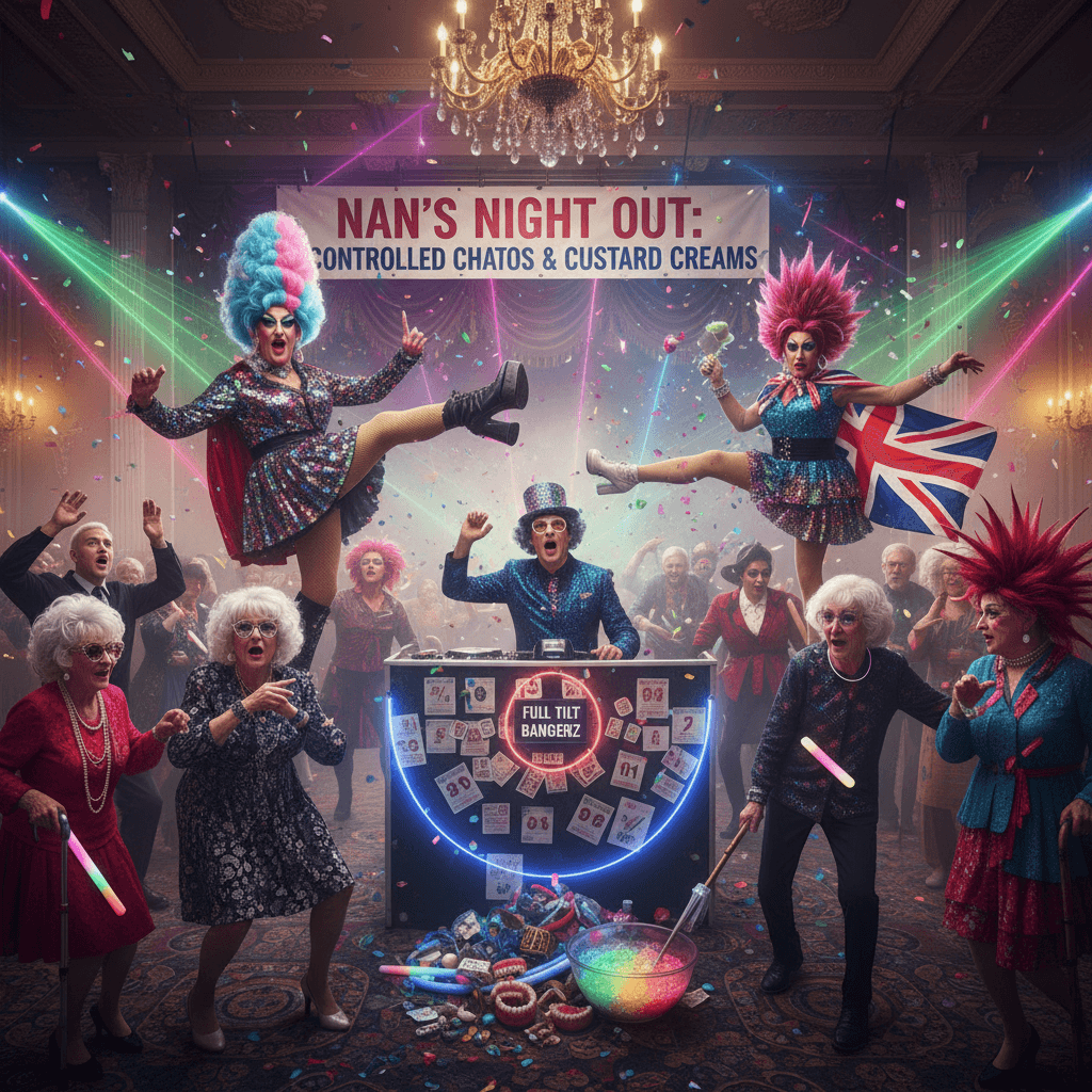 Retirement home rave but make it SLAY and absolutely unhinged