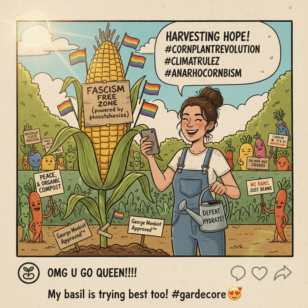 Corn plant cures fascism, apparently. Very George Monbiot energy.