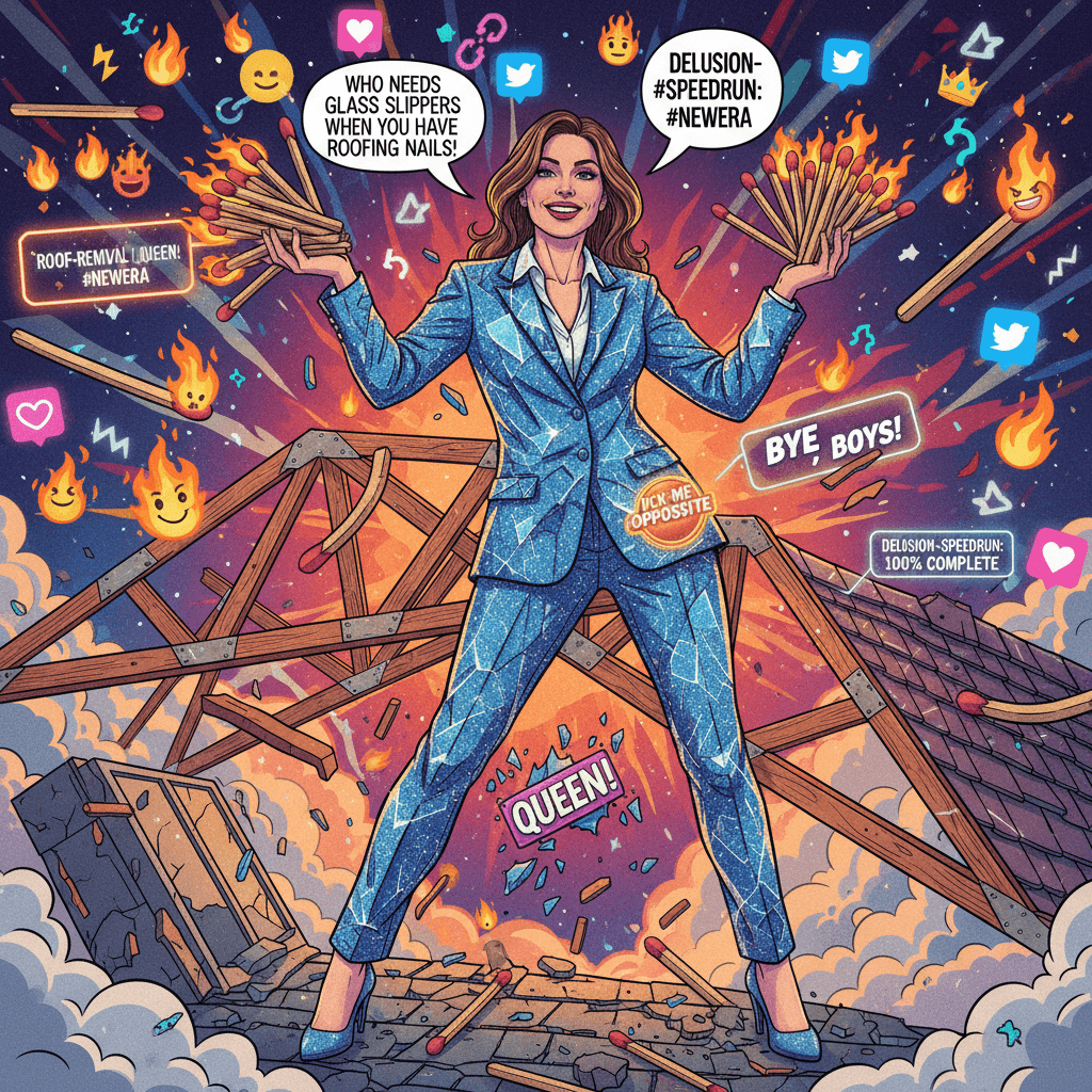 She doesn't break ceilings, she removes roofs (and probably her matches)