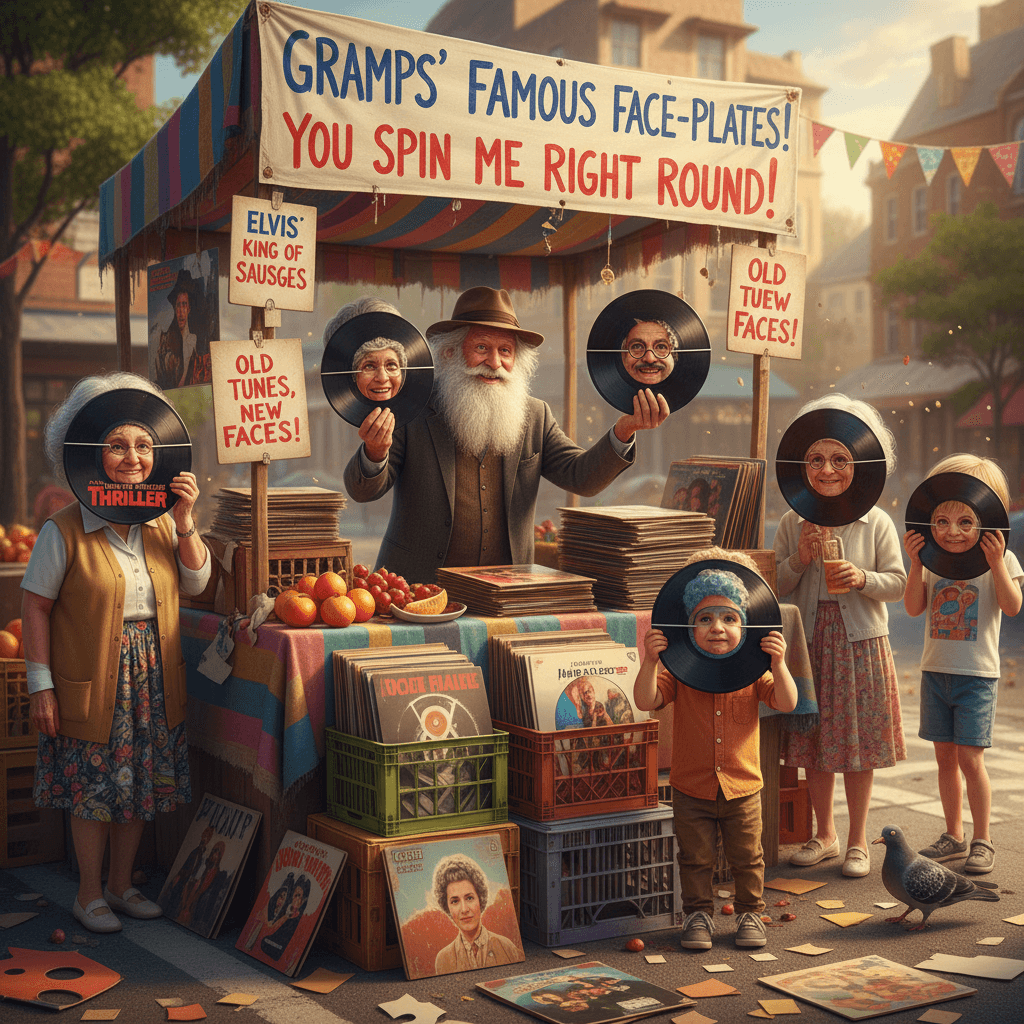 Grandpa sells vinyl records as celebrity masks, semantics destroyed