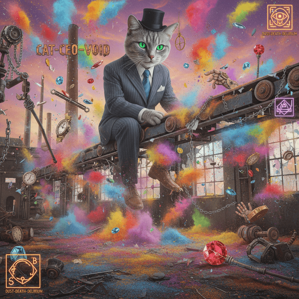 Business cat presides over color-powder apocalypse at abandoned jewelry factory