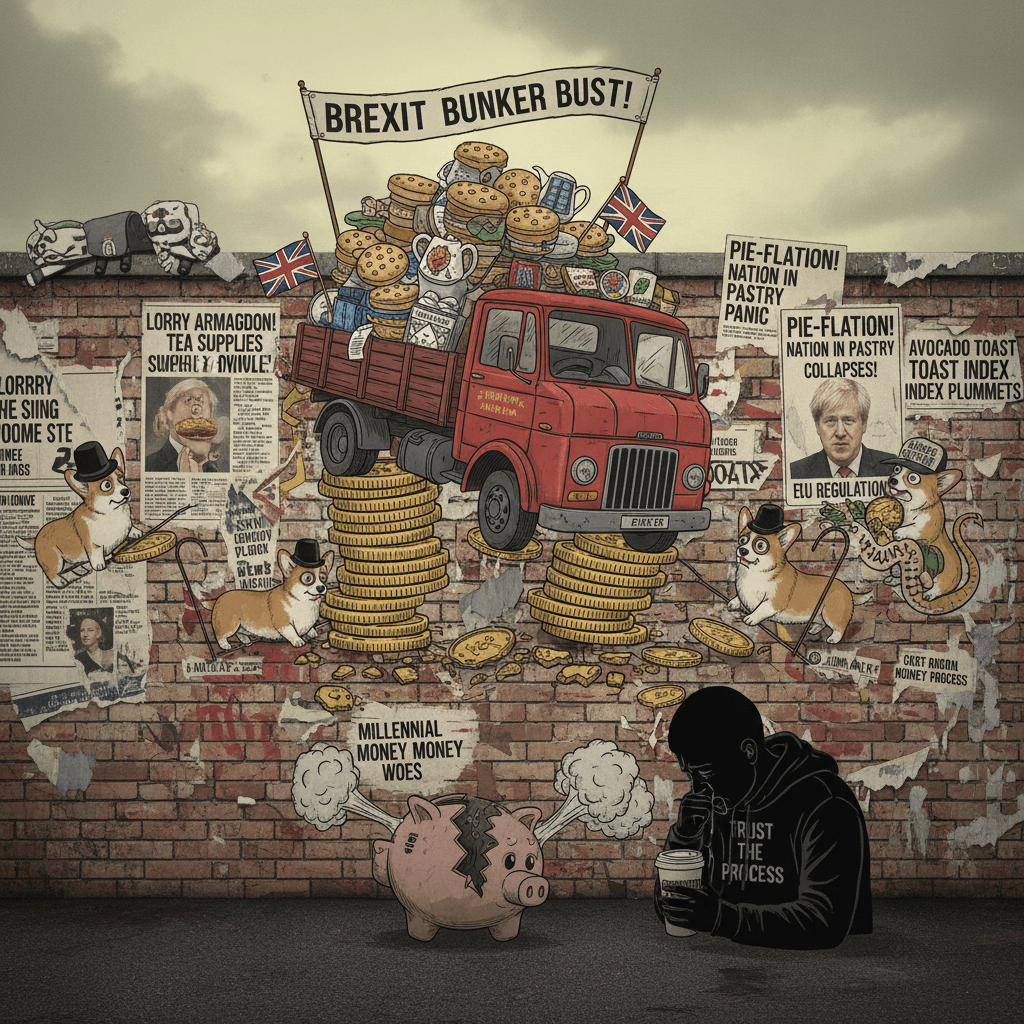 Peak British chaos: lorry drivers, corgis & economic doom on a brick wall