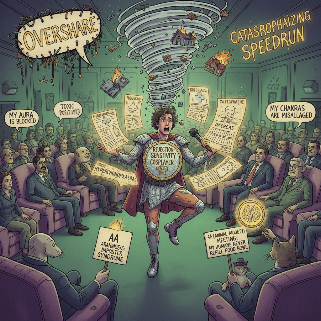 wellness-speak meets AA meeting; diagnosis name-drops hard