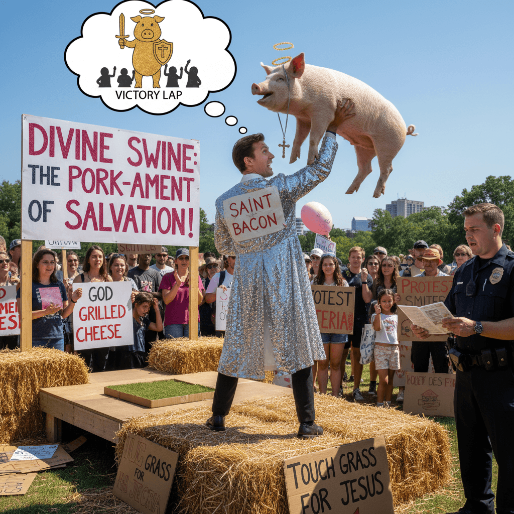Man uses pig as religious weapon, somehow thinks this is winning strategy