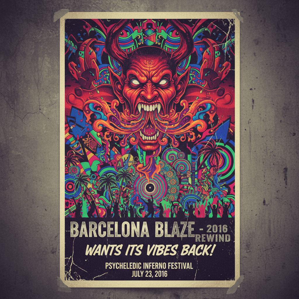 Red demon screams at Barcelona rave poster, 2016 called it wants its vibes back