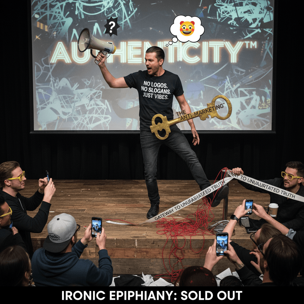 guy who markets the anti-marketing stance discovers irony