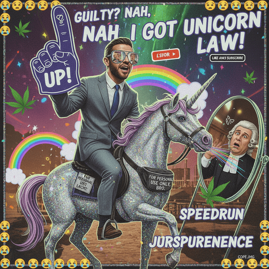 Man's legal defense speedrun: unicorns and personal use