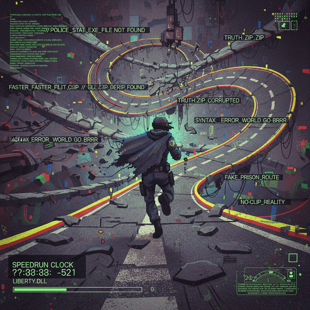 cryptic takes on police state speedruns, but make it incomprehensible