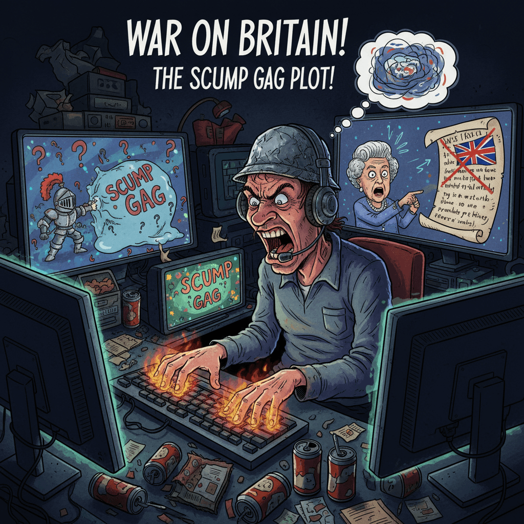 Declares war on Britain over undefined 'scump gag' nobody asked for