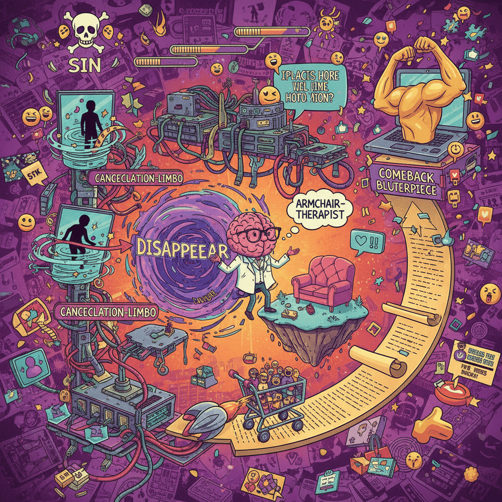 Unhinged redemption flowchart: sin → disappear → therapy → masterpiece