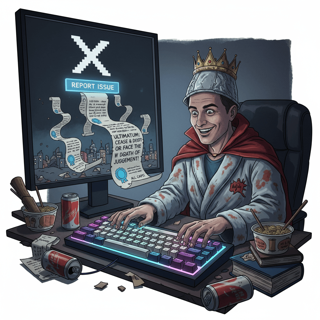 guy discovers X has a report button, threatens legal apocalypse