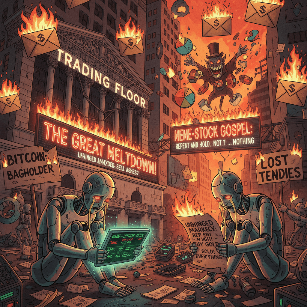 FLAMING ENVELOPES RAIN WALL STREET (robot traders weeping)