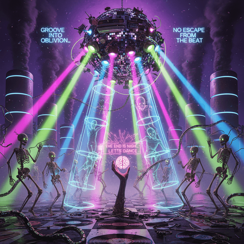 neon undead disco hellscape with existential dread and cylinder lighting