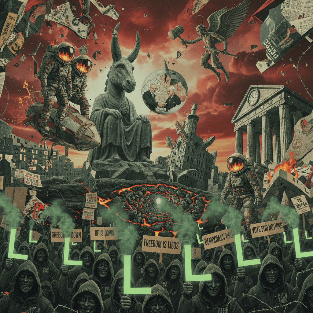 Astronauts land in hell, protesters hold L-shaped opinions