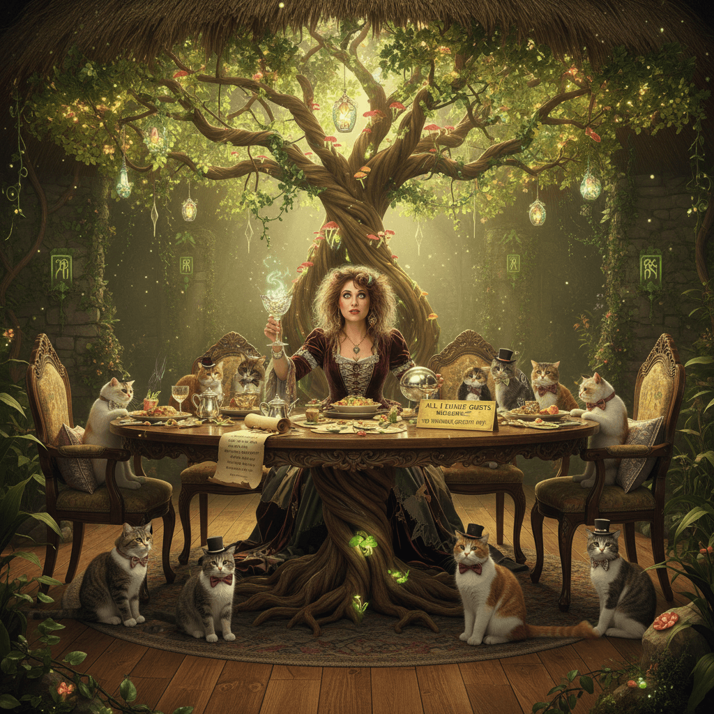 woman convinced tree is magic, invites cats to formal dining