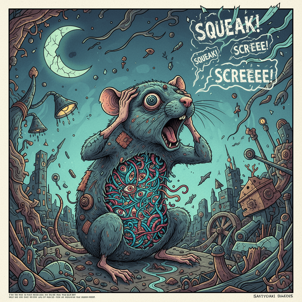 tiny plague rat's organs devoured by feelings, squeaky screams included