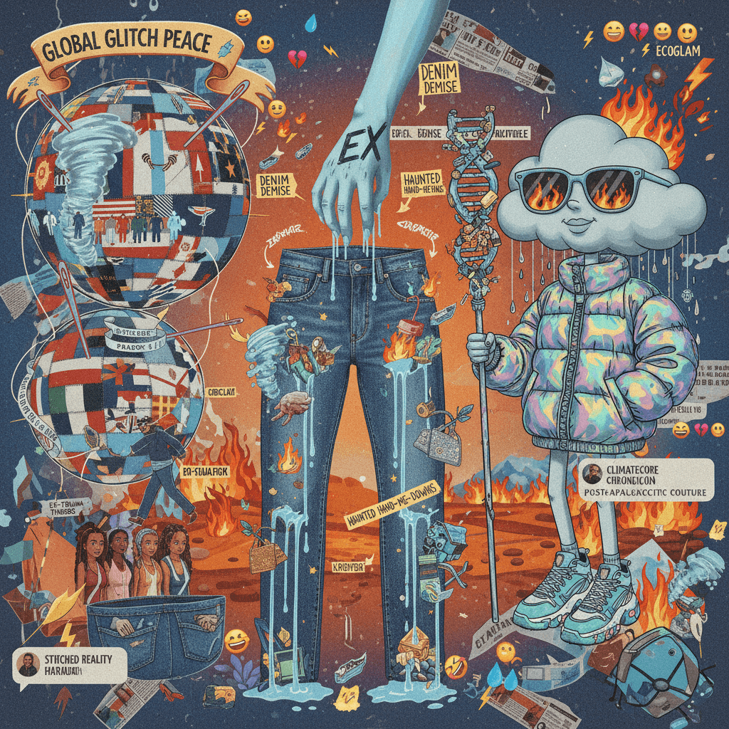 ex stole jeans, climate change got drip, world peace stitched itself