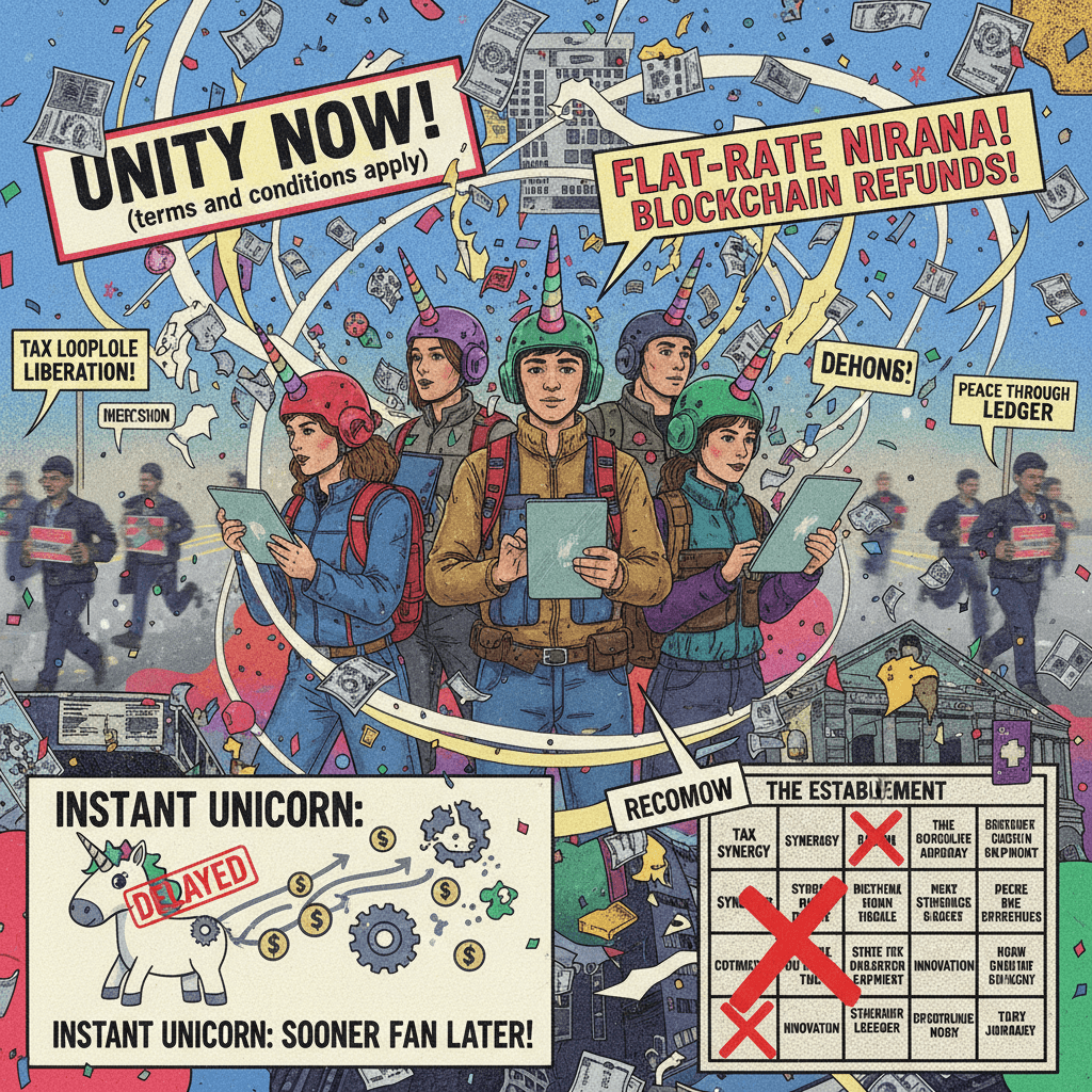 revolutionaries promising peace via tax hacks and instant unicorn delays