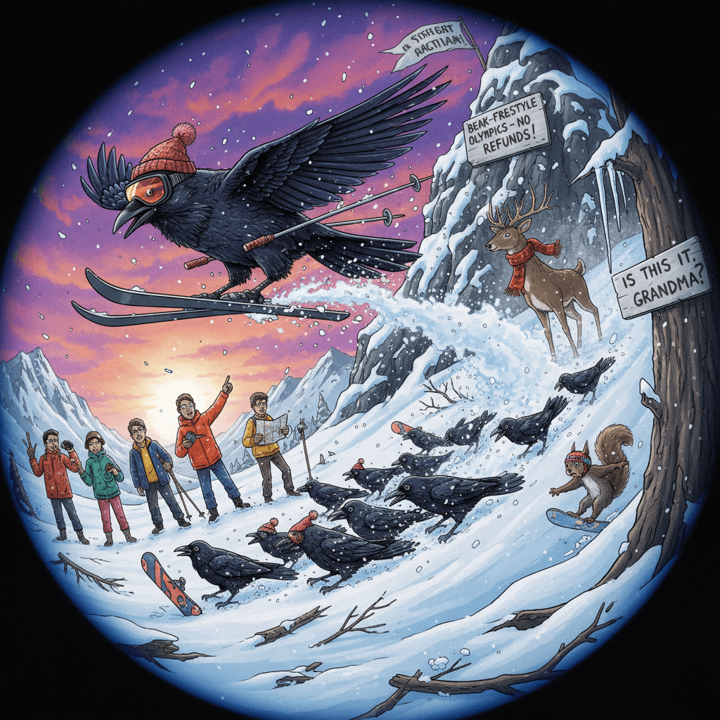 crow discovers winter sports, humanity's purpose remains unclear