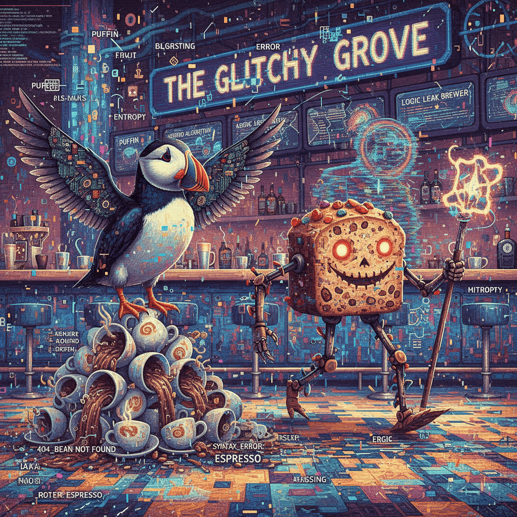 puffins, coffee errors, and sentient fruit cake walk into a bar