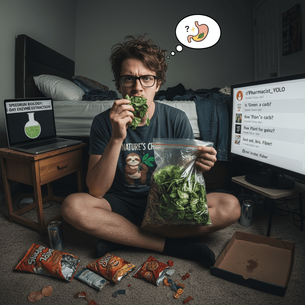 guy contemplates eating raw weed like it's a snack