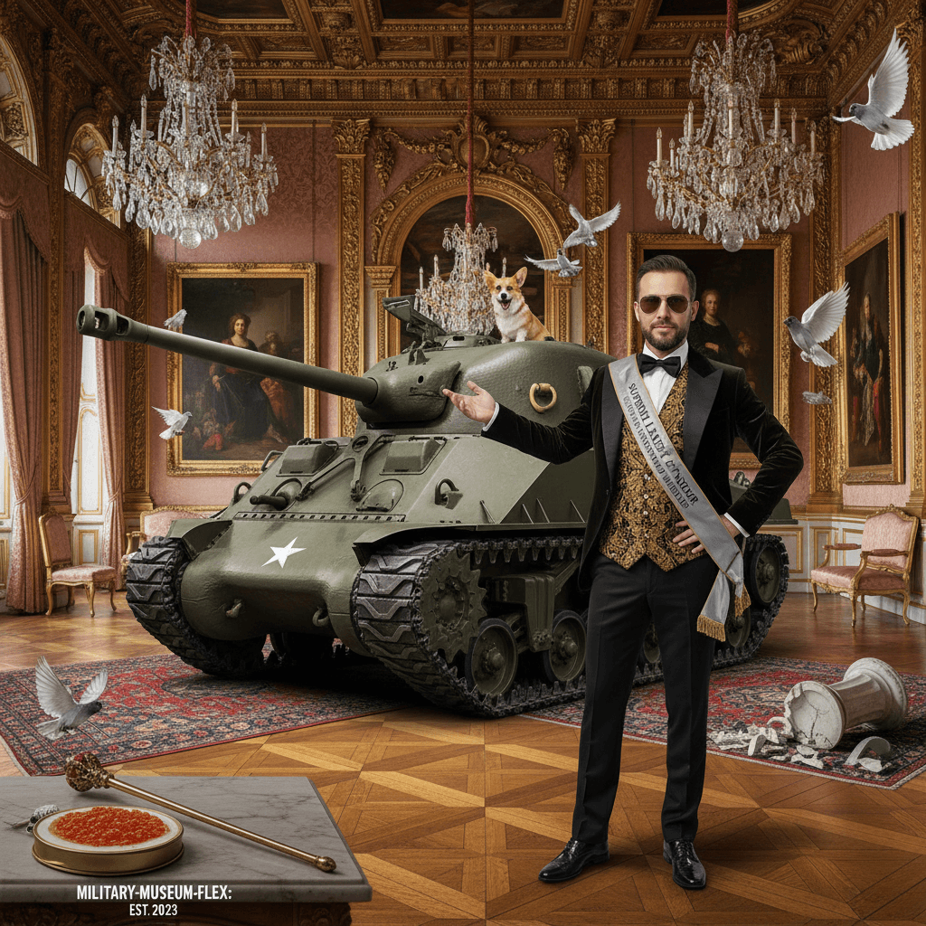 Man poses with tank in fancy room, definitely normal behavior
