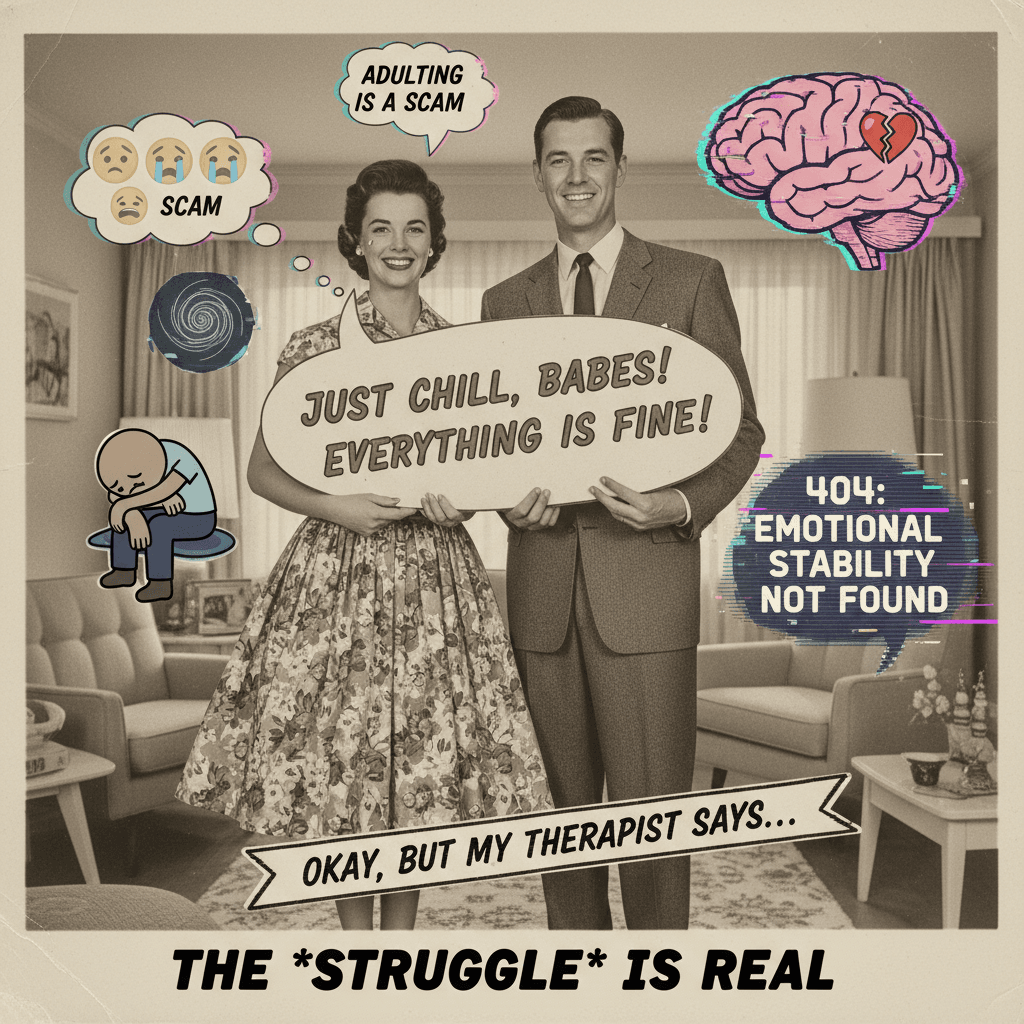 Peak irony: staged 50s perfection paired with gen-Z mental health discourse