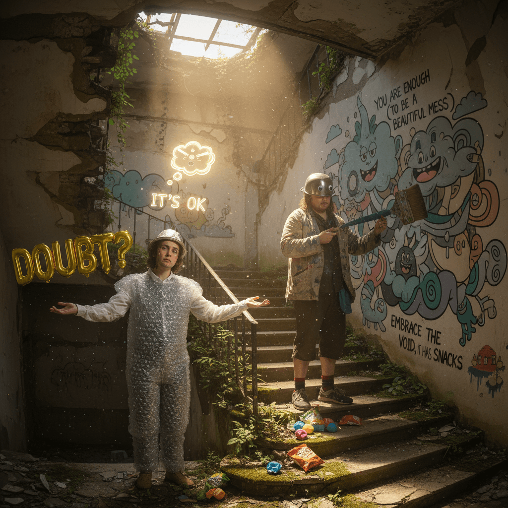 anxiety-haver meets street artist in a crumbling stairwell