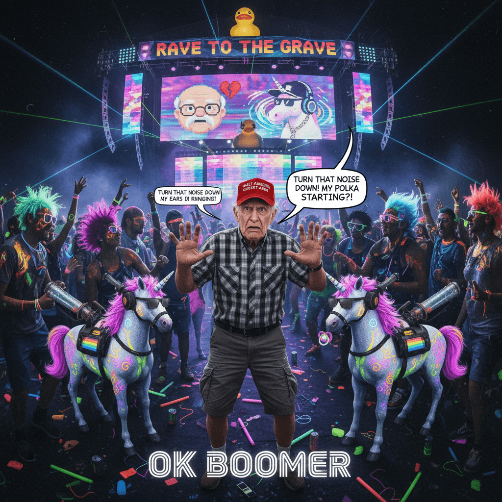 Old man encounters unicorn rave, immediately betrays generational disgust