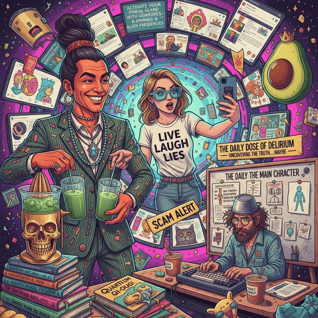 peak wellness scam energy meets satirical journalism chaos