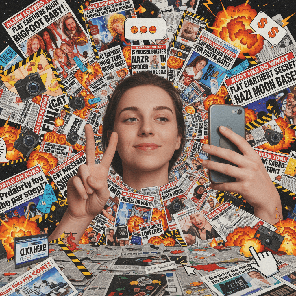 Tabloid headlines vs. casual selfie energy: a mismatch for the ages