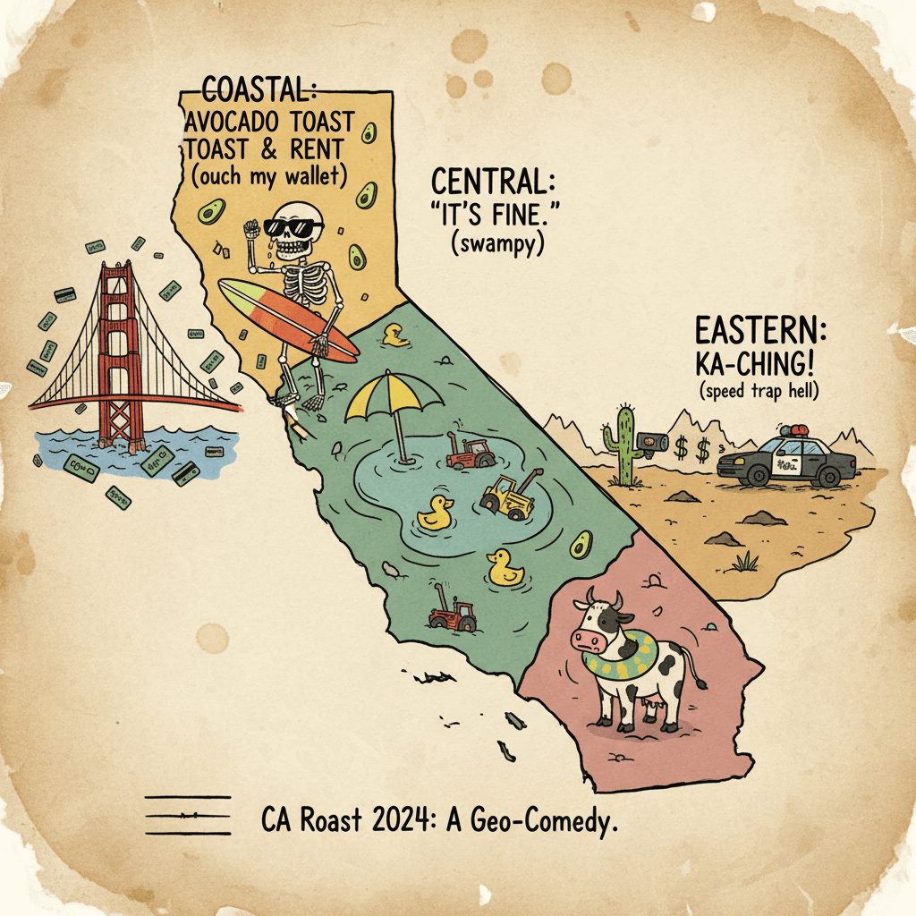California: coastal overpriced, central wet, eastern speed-trapped
