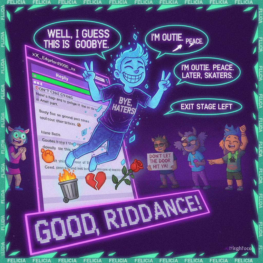 Person leaves page while performatively listing exit clichés