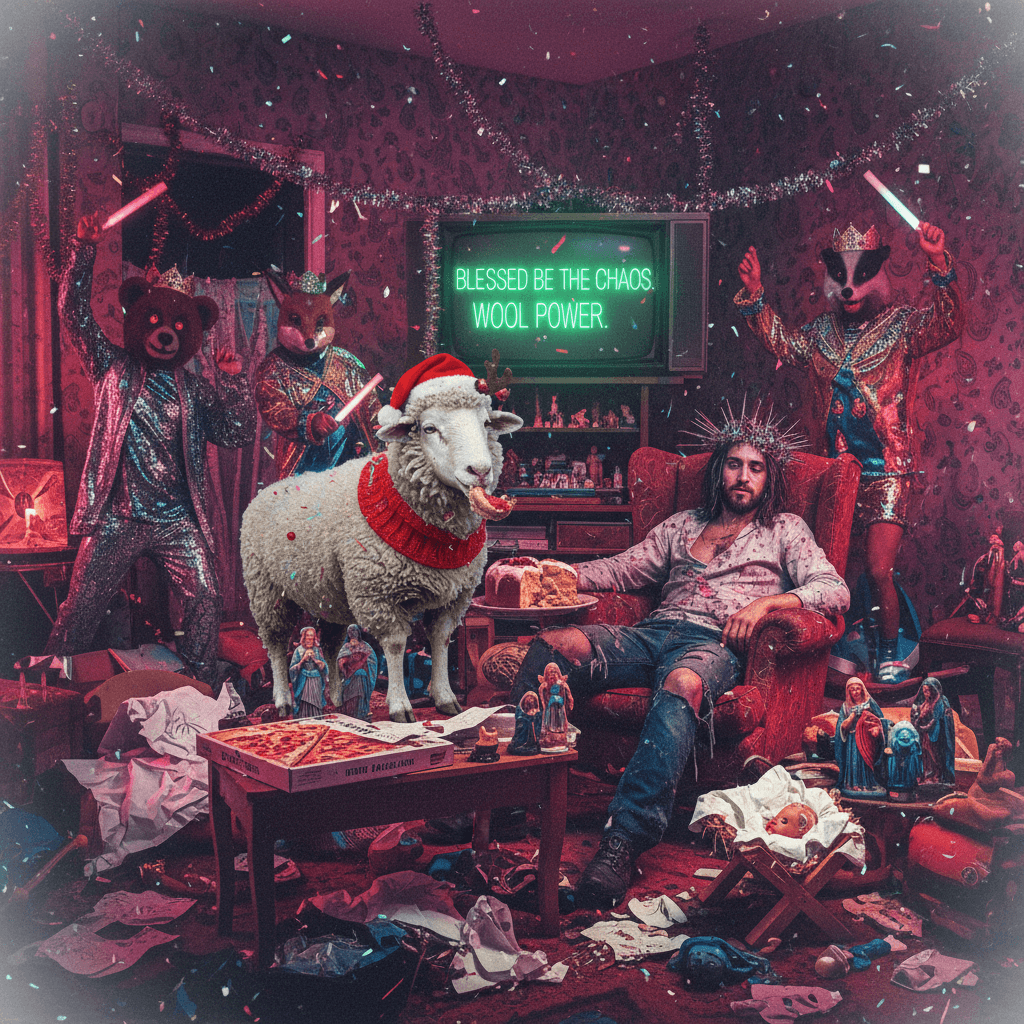 Jesus had a rough Christmas, apparently. Also: why is there a sheep indoors?