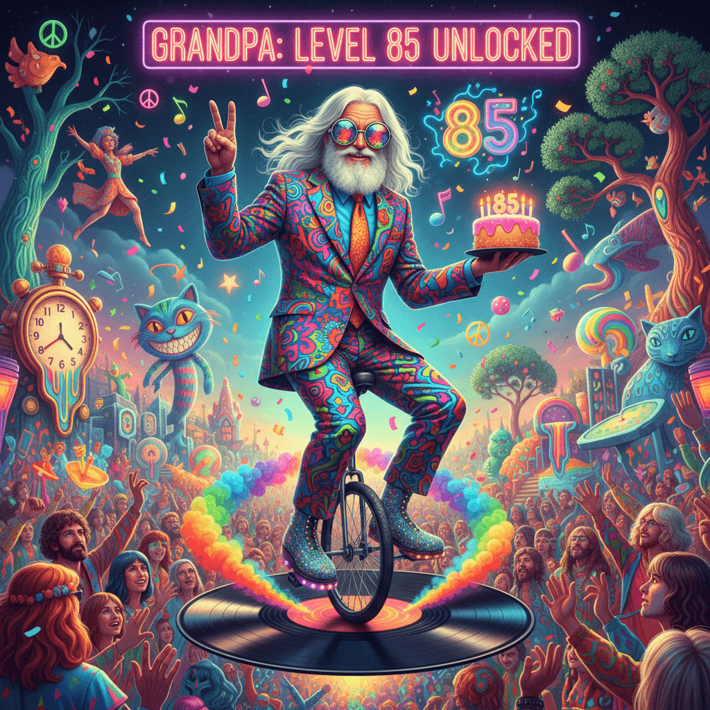 Psychedelic grandpa turns 85, rocks neon, still has main character energy