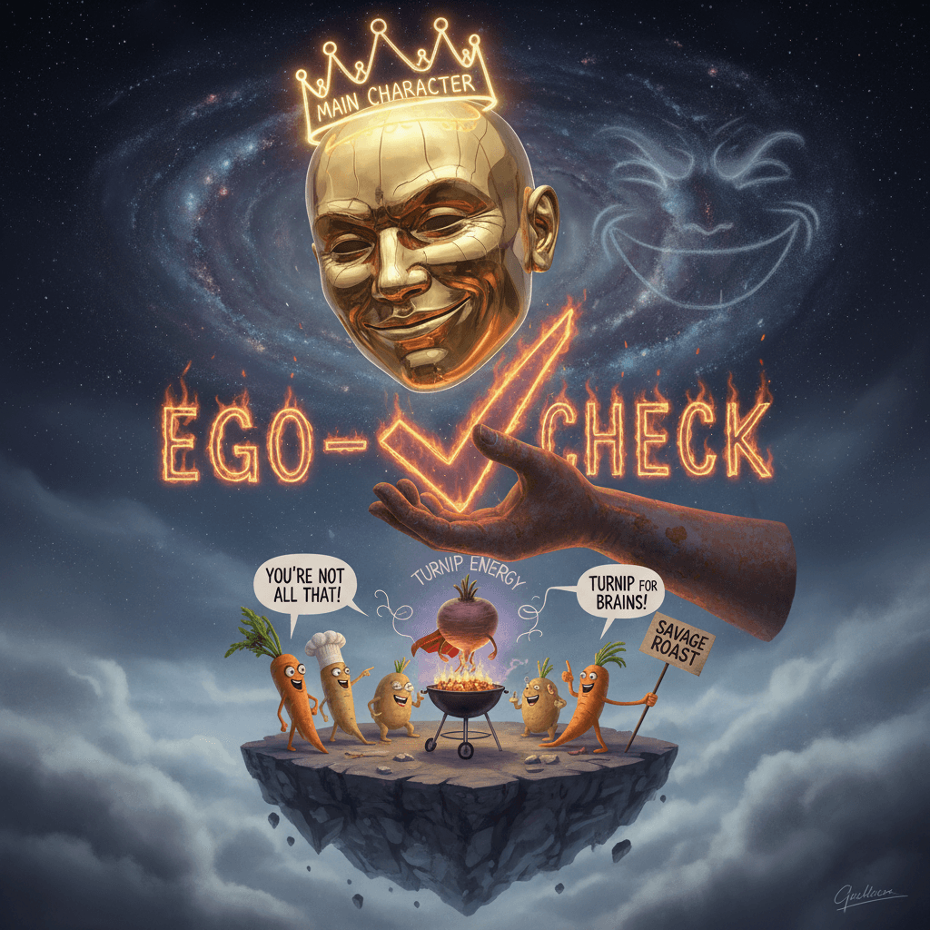 planet-sized ego meets vegetable-tier self-awareness