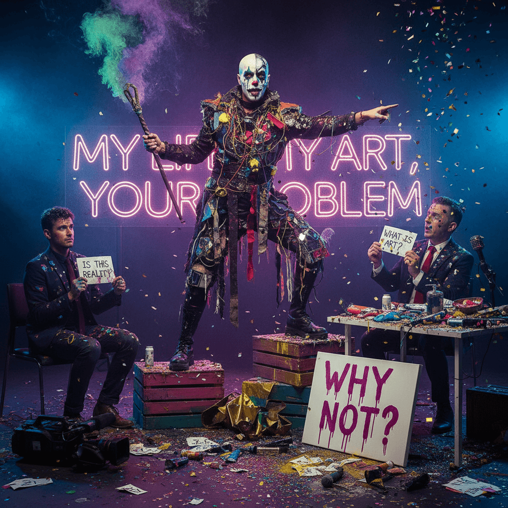 Artist defends life choices with theatrical makeup and existential vibes