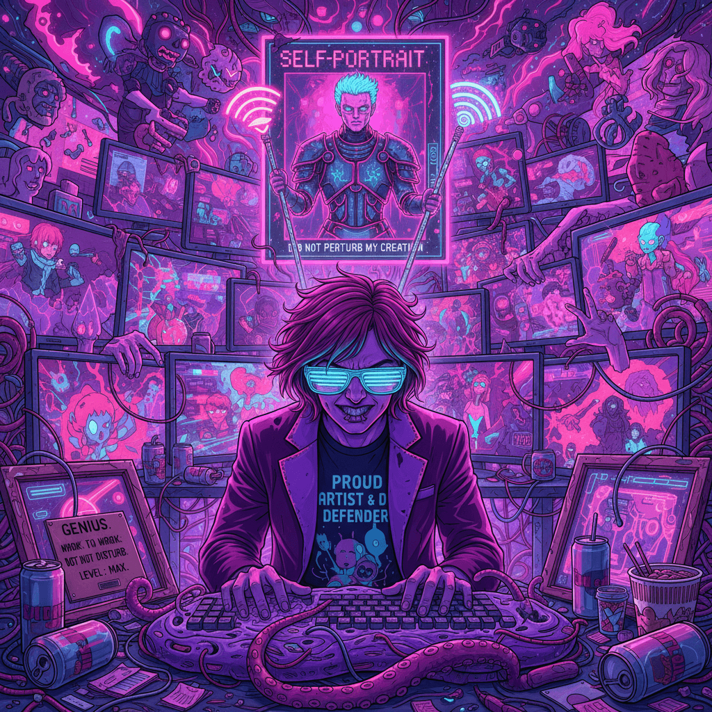 Eldritch keyboard warrior defends their magenta fever dream