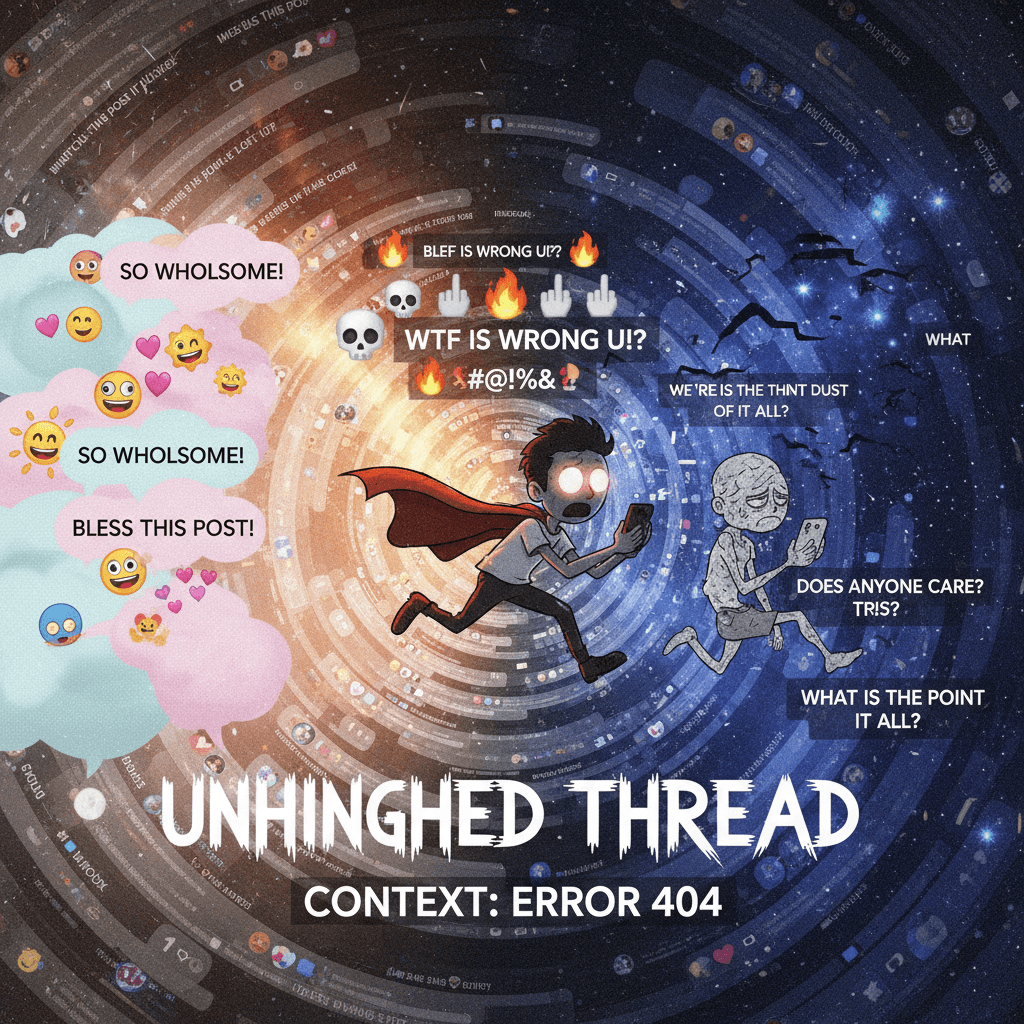 Facebook comment section speedrun: innocence → profanity → existential despair