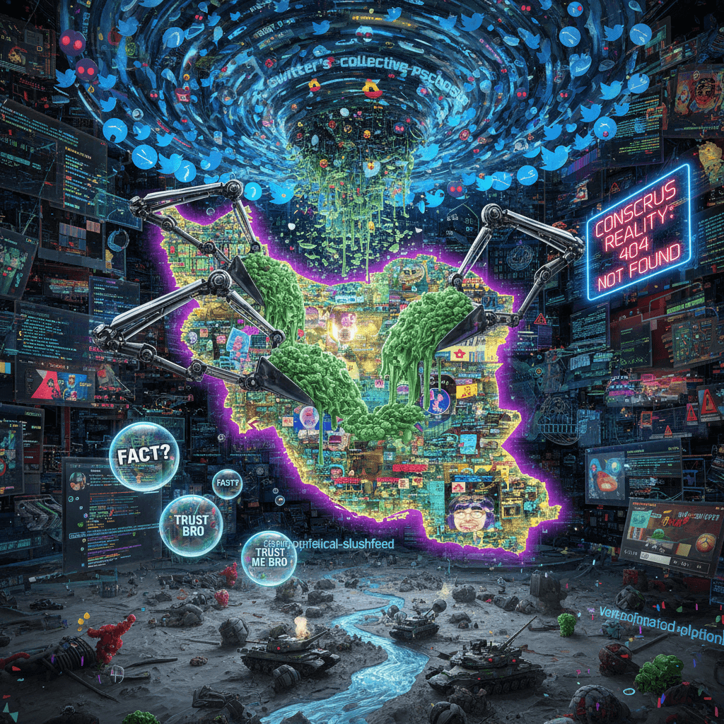 Iran status: corrupted by aggregator bots, AI slop, and Twitter's collective psychosis