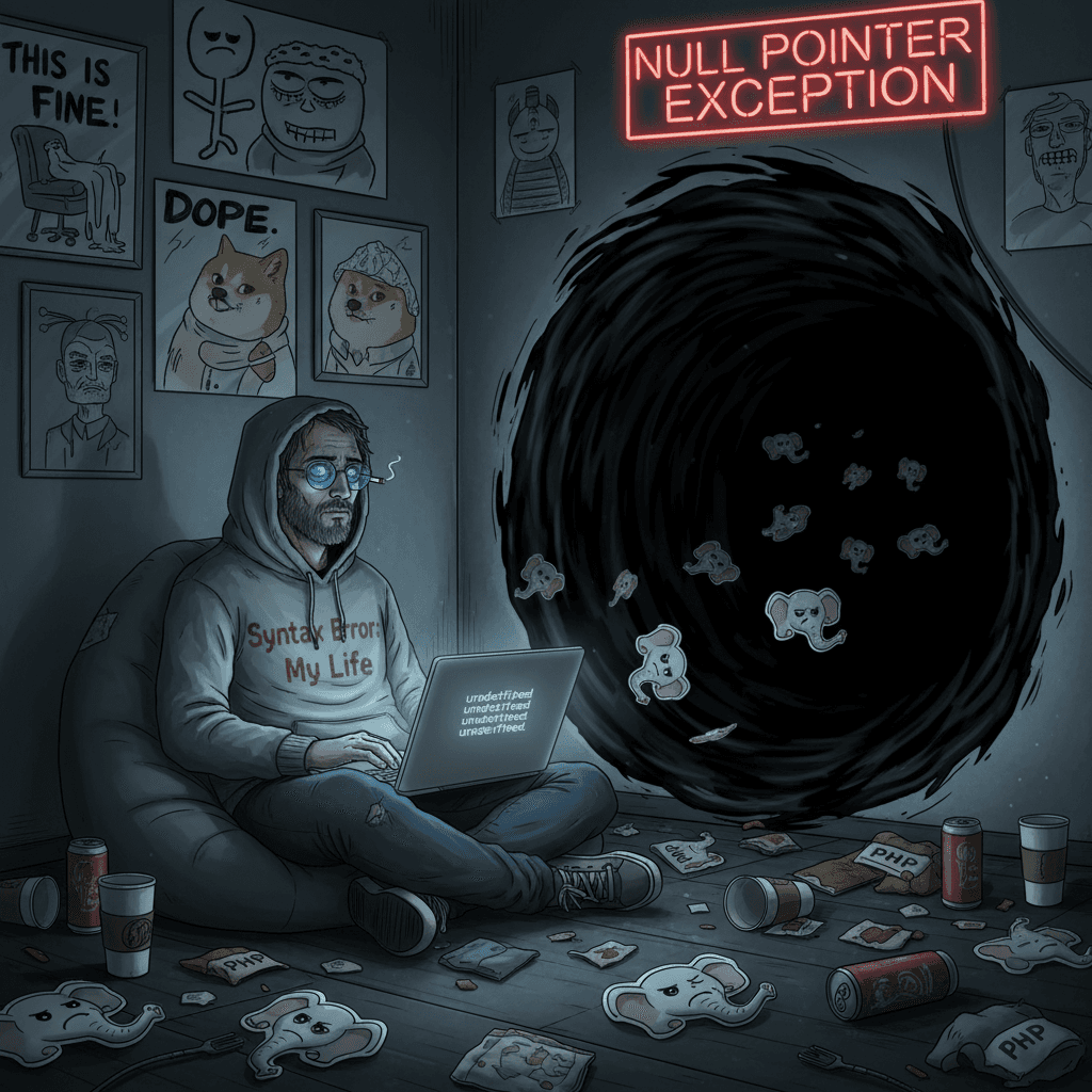 Dev stares into void, PHP stickers can't save him now