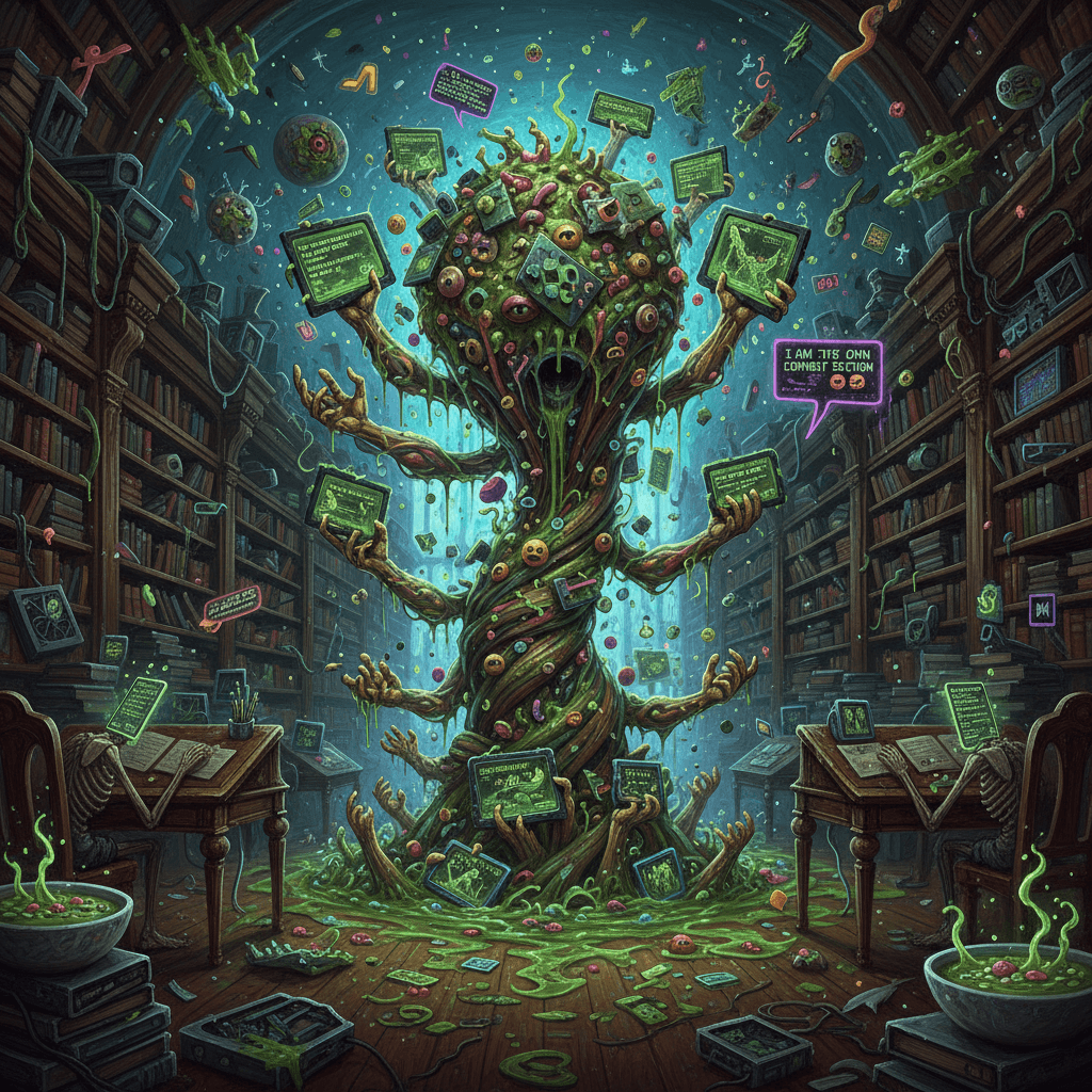 Peak internet slop: soup-based eldritch horror meta-comments itself in a library