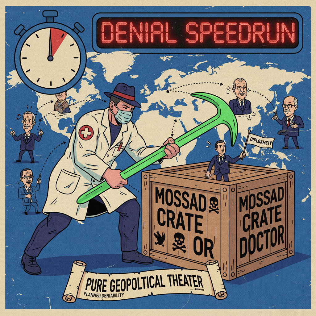 mossad crate doctor diplomacy—pure geopolitical theater wrapped in plausible deniability