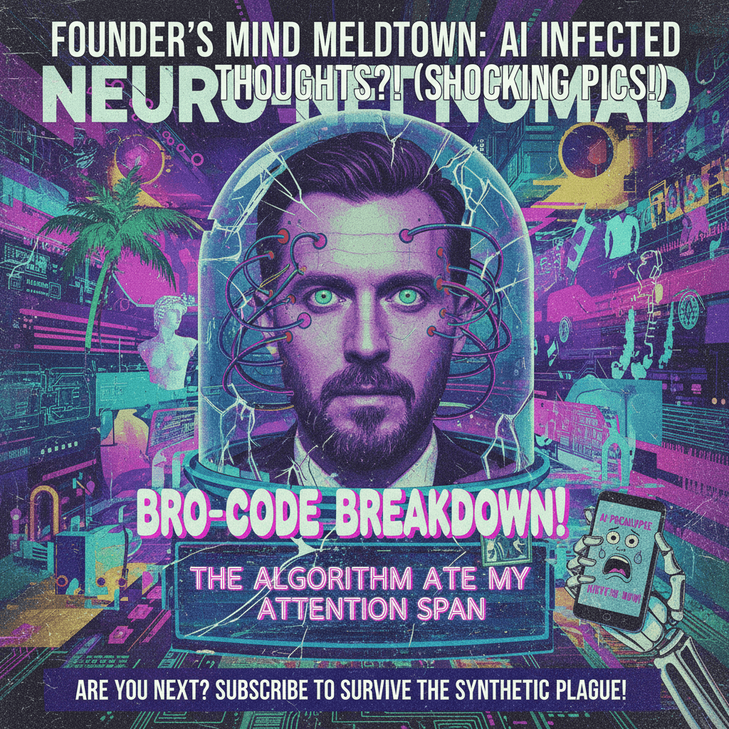glitched founder brain poisoning disguised as cyberpunk magazine cover
